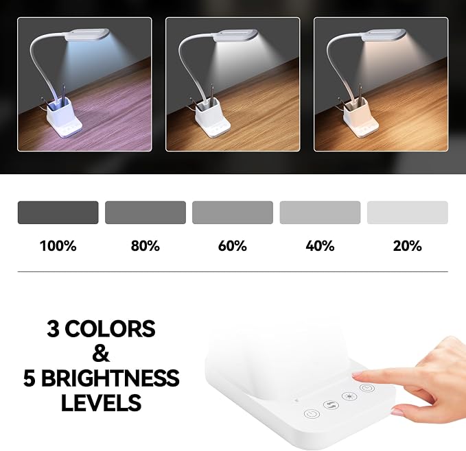AXX White LED Desk Lamp with USB Charging Port, Study Table Light | for College Dorm Room, Home Office Bedroom Essentials, 650LM, Flexible Gooseneck, Phone Mount, Pen Holder, Timer Settings - Image 3