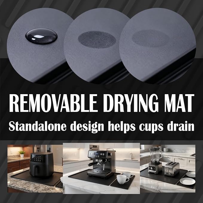 Silicone Coffee Mat 24 x 16 in with Tray, Classic Black | Coffee bar mat for countertop use, coffee station mat or coffee machine mat with removable tray and 0.47 in raised rim. - Image 7