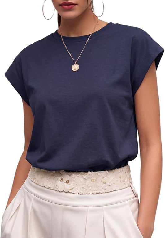 GRECERELLE Womens Summer Tops Cap Sleeve Crew Neck Basic T-Shirt | Everyday Casual Wear, Layering Friendly, Wrinkle-Resistant, Business Casual Ready, Lightweight & Packable, Capsule Wardrobe by GRECERELLE