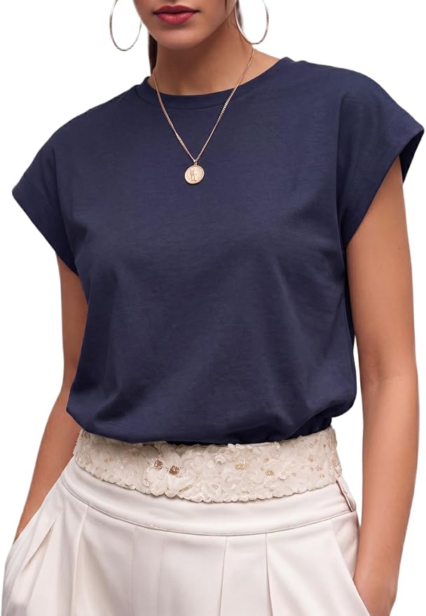 GRECERELLE Womens Summer Tops Cap Sleeve Crew Neck Basic T-Shirt | Everyday Casual Wear, Layering Friendly, Wrinkle-Resistant, Business Casual Ready, Lightweight & Packable, Capsule Wardrobe by GRECERELLE