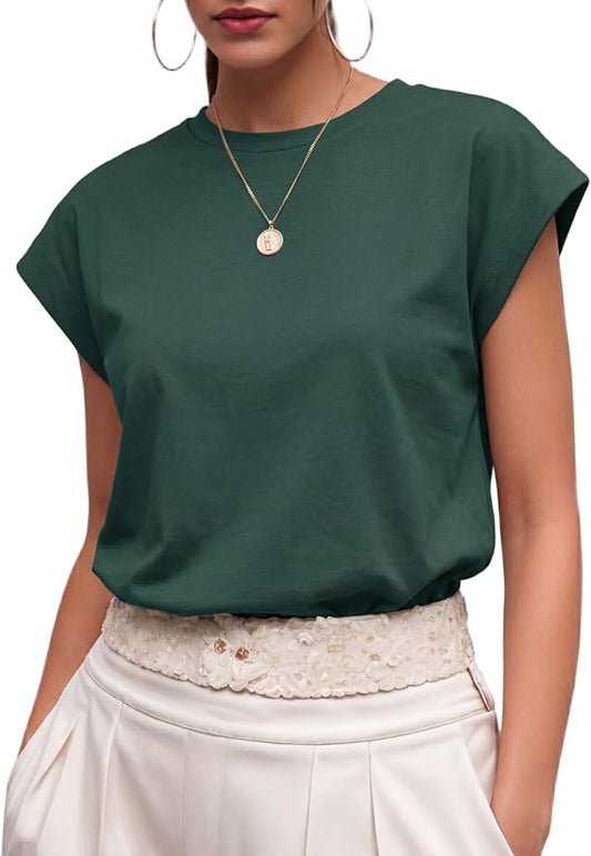 GRECERELLE Womens Summer Tops Cap Sleeve Crew Neck Basic T-Shirt | Everyday Casual Wear, Layering Friendly, Wrinkle-Resistant, Business Casual Ready, Lightweight & Packable, Capsule Wardrobe by GRECERELLE