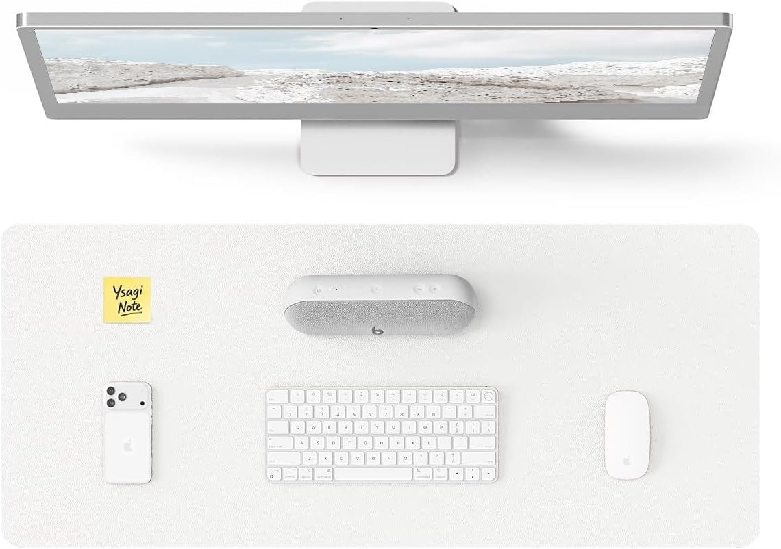 YSAGi Leather Desk Protector, Office Mat, Large Mouse Mat, Non-Slip PU Leather Blotter, Laptop Desk, Waterproof Writing Pad for Office and Home (White, 23.6" x 13.8") by YSAGi