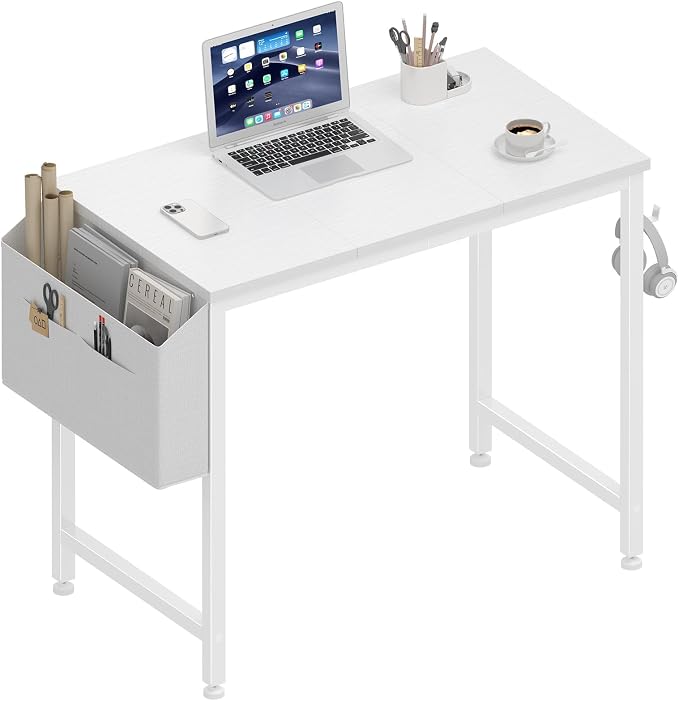 Lufeiya Small White Desk for Small Spaces, 32 Inch Kids Girls Study Writing Desks for Bedroom, Simple Modern Laptop PC Little Side Table with Storage Bag Headphone Hook, White by LUFEIYA