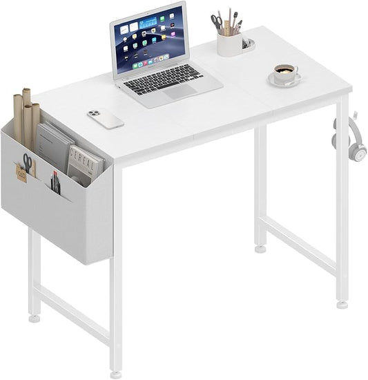 Lufeiya Small White Desk for Small Spaces, 32 Inch Kids Girls Study Writing Desks for Bedroom, Simple Modern Laptop PC Little Side Table with Storage Bag Headphone Hook, White by LUFEIYA