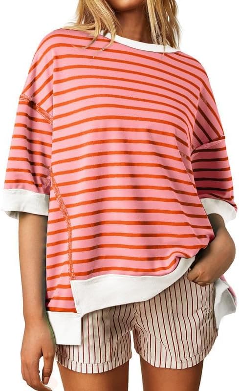 SHEWIN Womens Tops Casual Short Sleeve Sweatshirt Crewneck Striped Shirt Pullover T Shirts Loose Blouses - Image 4