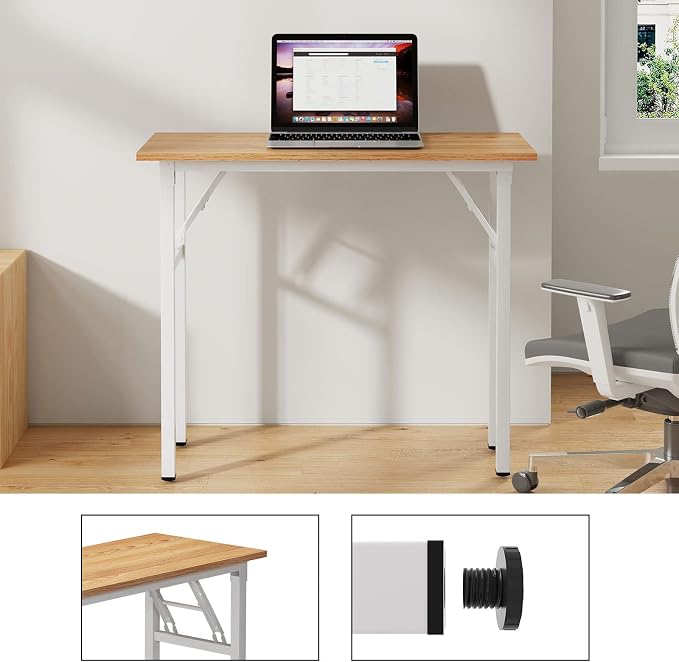 Need Small Computer Desk 31.5 in Folding Home Office Table Teak | White Frame Writing Gaming Work Table/Sturdy Foldable Study Table for Small Space/Dormitory, No Assembly Required - Image 5
