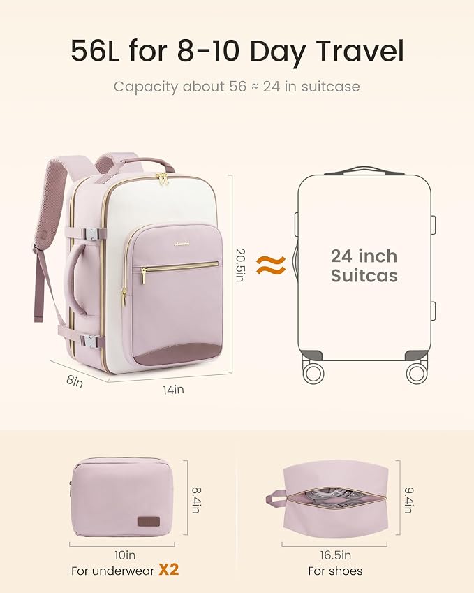 LOVEVOOK 56L Travel Backpack for Women & Men, Airline Approved Carry On Luggage with 3 Packing Cubes, TSA Overnight Bags, Waterproof Personal Item Bag, Weekender Essentials Backpacks fits 17" Laptop - Image 5