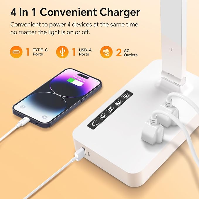 LAOPAO Desk Lamp with USB Charging Port: Power Strip with Surge Protection - 1 Type-C, 1 USB-A Charging Port, 2 AC Power Outlets, Desk Lamps for Home Office College Dorm Room Essentials - Image 2