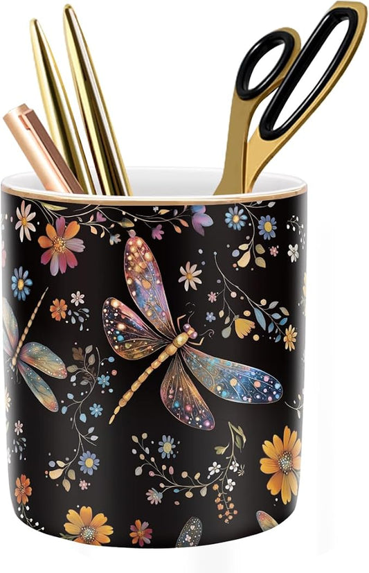 Pen Holder, Pencil Cup for Desk, Cute Makeup Brush Holder, Durable Ceramic Organizer Decor for Room, Office, Classroom, Cute Dragonfly Pattern by WAVEYU