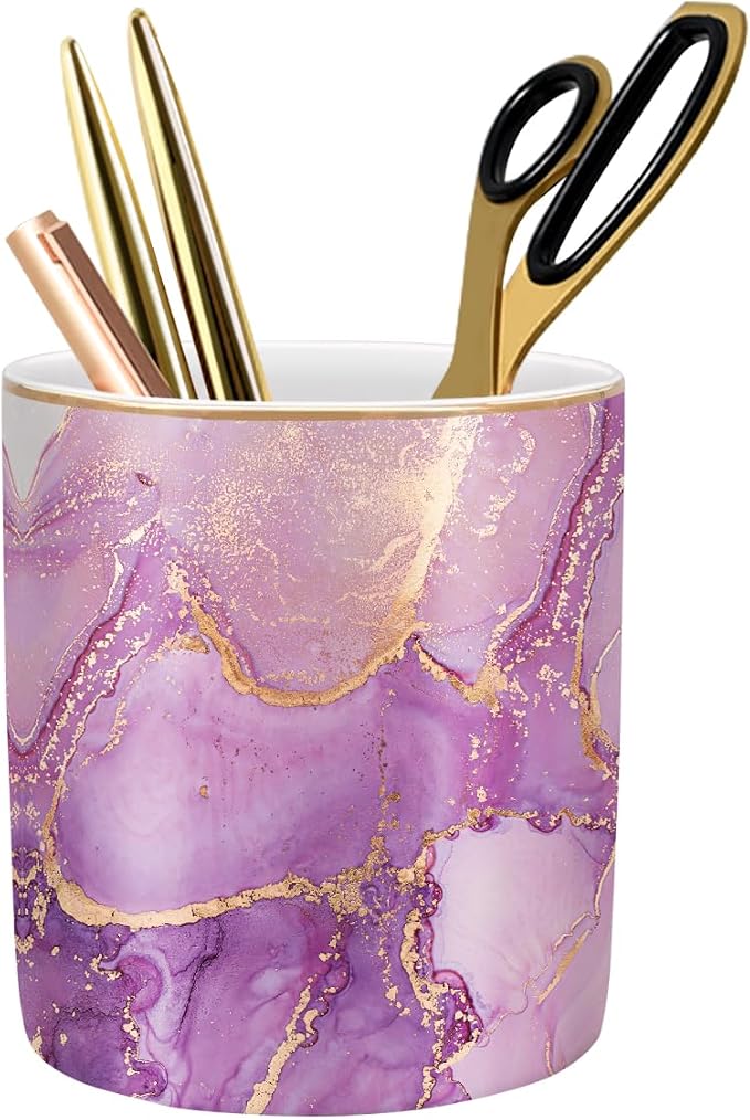 Pen Holder for Desk, Cute Ceramic Pencil Holder, Pen Cup Marker Holder Makeup Brush Holders, Desk Accessories & Workspace Organizers for Home, Office, Purple Marble by WAVEYU