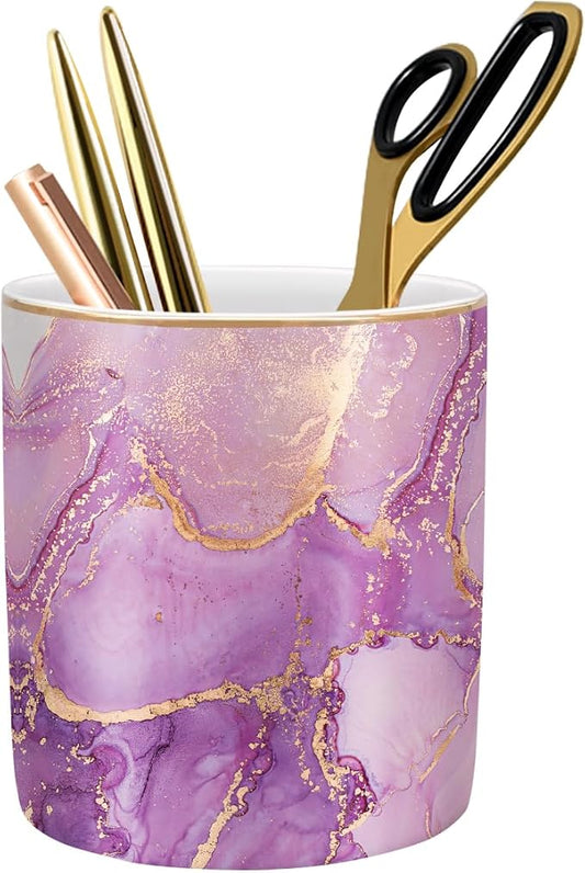 Pen Holder for Desk, Cute Ceramic Pencil Holder, Pen Cup Marker Holder Makeup Brush Holders, Desk Accessories & Workspace Organizers for Home, Office, Purple Marble by WAVEYU