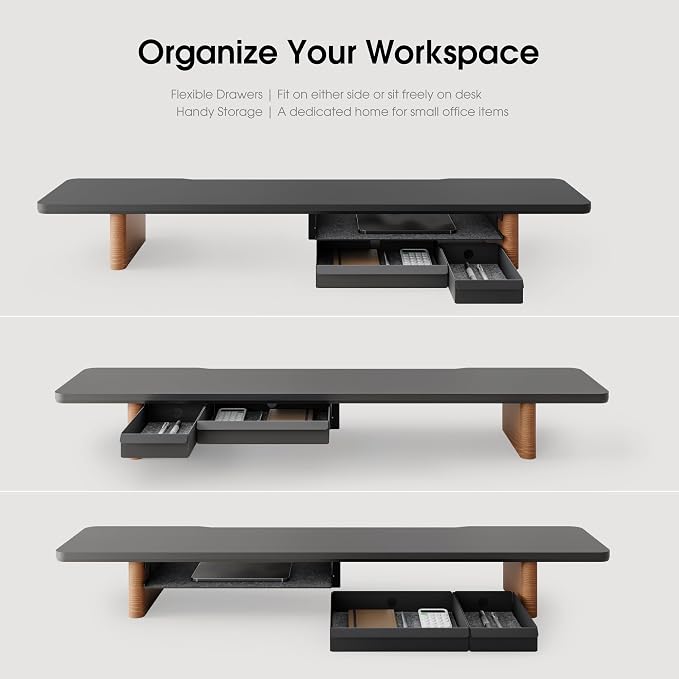 Fenge 42.5" Monitor Stand with Storage Drawers, Minimalist Monitor Riser with Solid Ash Legs and Cable Management, Wooden Desk Shelf for Home Office Workspaces, Black - Image 5