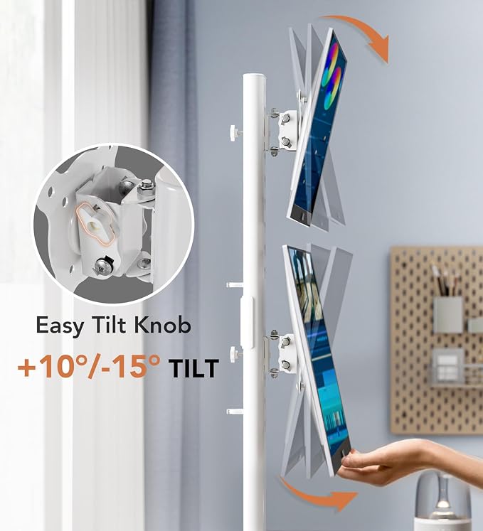 Dual Monitor Stand - Vertical Stack Screen Free-Standing Monitor Riser Fits Two 13 to 34 Inch Screen with Swivel, Tilt, Height Adjustable, Holds One (1) Screen up to 44Lbs HT05W-002 White - Image 5