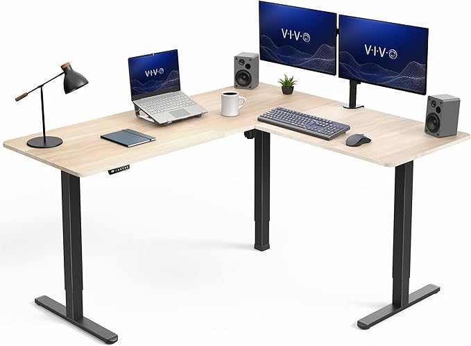 VIVO Light Wood 63 x 55 in Corner Standing Desk, DESK-E3CTBC | Electric, Reversible L-Shaped Table, Sit Stand, Height Adjustable, Memory Controller, Office Furniture Sets, Black Frame by Unknown