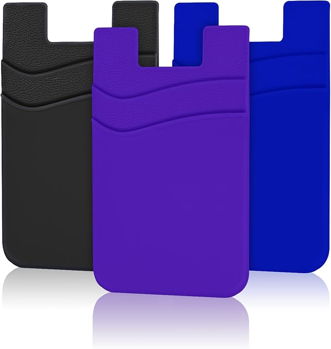 SHANSHUI Phone Card Holder, 3 Pack Cell Phone Sleeves Silicone Wallet for Credit ID Business Card Pocket Fitting for iPhone, Android and Most Smartphones - Black Purple Blue by SHANSHUI