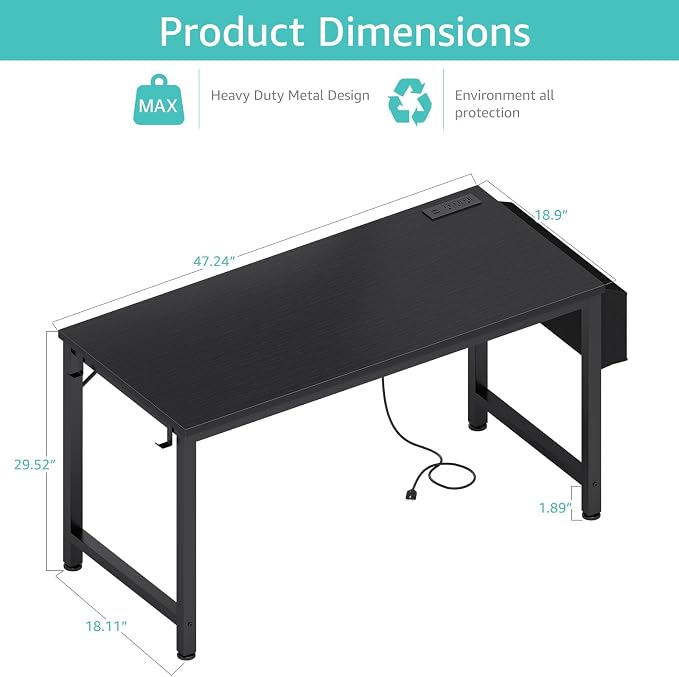 Lufeiya Gaming Desk with Power Outlet, 47 inch Teen Study Table Home Office Work Writing Computer Desks with Charging Station Outlets Built in, Black - Image 3