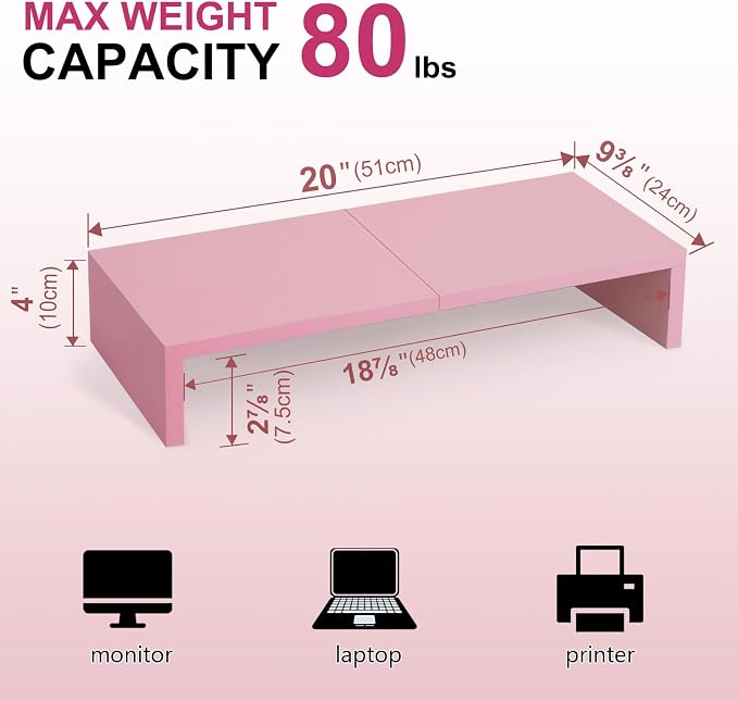 TEAMIX 2 Pack Pink Monitor Riser-20L inch, Cute Monitor Stand for Desk, Wood Sturdy TV/Screen/PC/Printer/Laptop Riser, Computer Shelf with Storage Desktop Organizer for Home Office - Image 4
