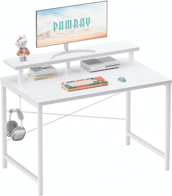 Pamray 32 Inch Small Computer Desk with Monitor Stand, Simple Office Desk with Headphone Hook for Small Spaces, Kids Study Writing Table for Bedroom, White by PAMRAY
