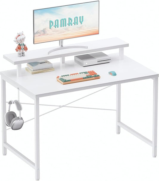 Pamray 32 Inch Small Computer Desk with Monitor Stand, Simple Office Desk with Headphone Hook for Small Spaces, Kids Study Writing Table for Bedroom, White by PAMRAY