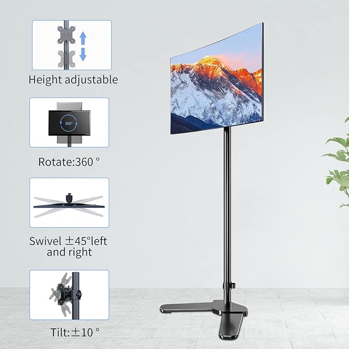 Single Tall Monitor Mount, Extra Long Computer Stand with 47 inch Pole, Floor Computer Stand, Free-Standing Monitor Desk Mount Support 13 to 27 inch Screen,22lbs - Image 6