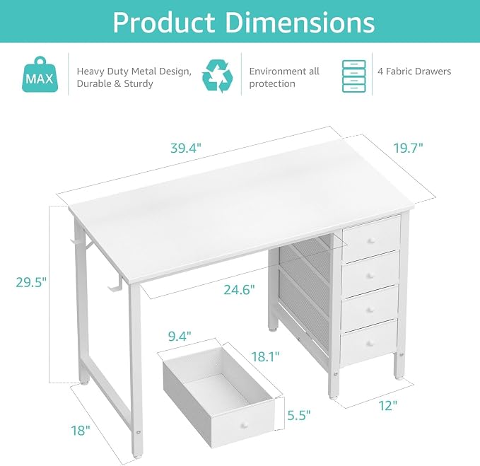 Lufeiya Small White Desk with Drawers for Bedroom, 40 Inch Kids Girls Study Desks, Reversible Computer Writing Nail Table with Fabric Drawer for Small Spaces Home Office Manicure - Image 3
