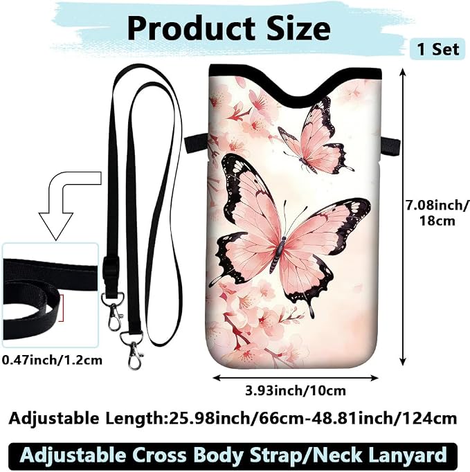 Pink Phone Sleeve with Adjustable Strap Neck Lanyard Fits Most Smartphones, Waterproof Phone Pouch Butterflies Flower Pattern Neoprene Nylon Phone Bag Carrying Case for Women 7.1 x 3.9 Inch - Image 2