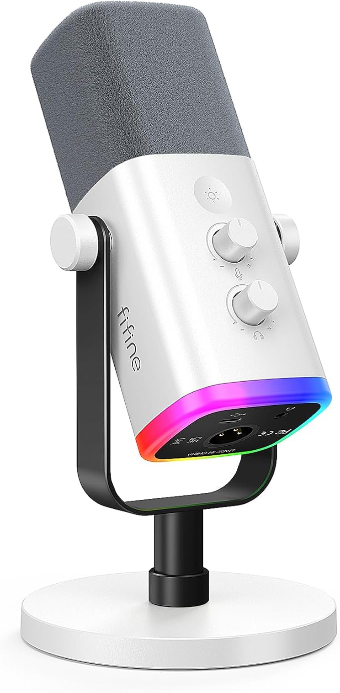 FIFINE AmpliGame AM8W XLR/USB Gaming Microphone for Streaming Podcasting | Dynamic PC Computer RGB Mic, with Gain Knob, Mute Button, Monitoring Jack, for Gamer Recording Video Creation, White by FIFINE