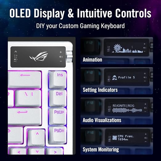 ASUS ROG Azoth Wireless Mechanical Gaming Keyboard – 75% TKL, Tri-Mode Connectivity, Hot Swappable Pre-lubed ROG NX Storm Clicky Switches, PBT Keycaps, RGB, OLED Display, PC/Mac Support - White - Image 5