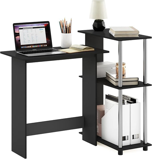 Furinno Abbott Corner Computer Desk with Bookshelf, Americano/Chrome by Furinno-FitsYourSpaceFitsYourBudget