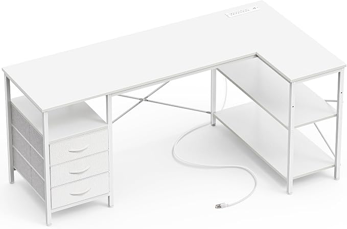 Huuger L Shaped Office Desk with Power Outlets, 55 Inch Computer Desk with 3 Drawers, Shelves, Reverisble for Gaming Corner Work Home Office Study, White by Huuger