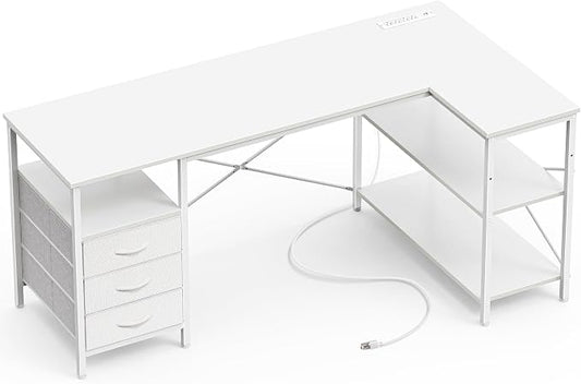 Huuger L Shaped Office Desk with Power Outlets, 55 Inch Computer Desk with 3 Drawers, Shelves, Reverisble for Gaming Corner Work Home Office Study, White by Huuger