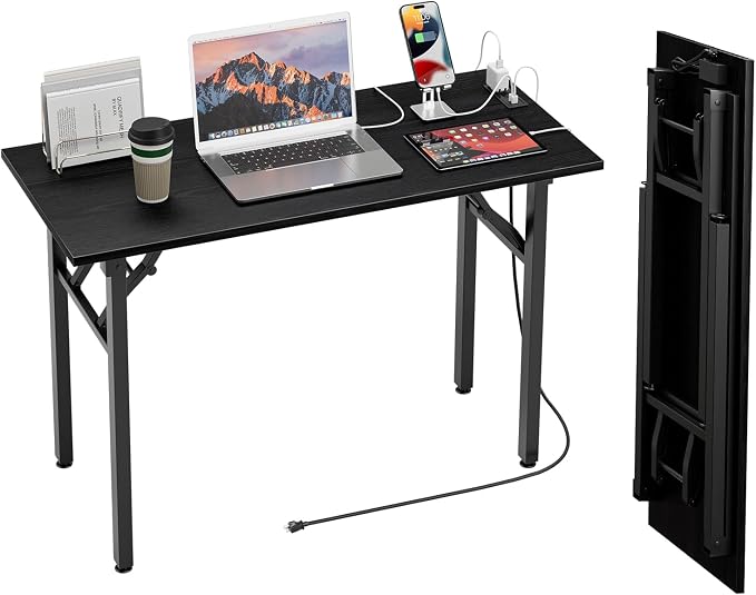 TEMI Small Computer Desk Folding Table - No Assembly, Compact 44.3" Foldable Desk with Power Outlets & USB Charging Port, Portable Small Office Desk, Ideal Mini Study Table, Dark Oak by TEMI