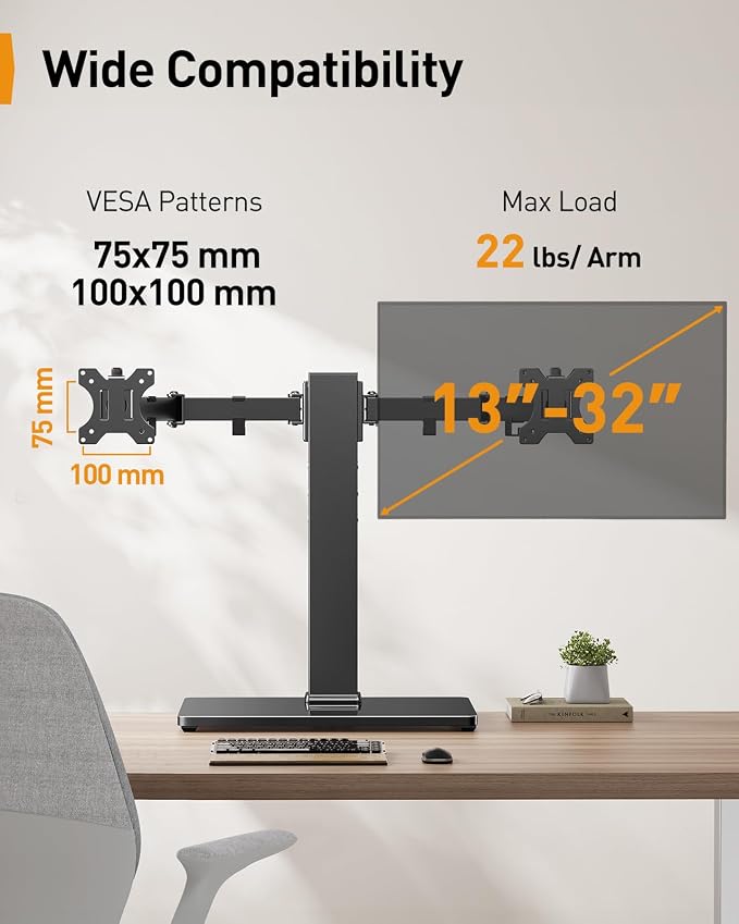 Perlegear Dual Monitor Stand with Power Strip, Freestanding Computer Monitor Stand for 2 Screens up to 32 Inch, Monitor Stand Riser with Glass Base and Adjustable Arms, Holds 22 lbs per Arm, PGTVS41B - Image 2