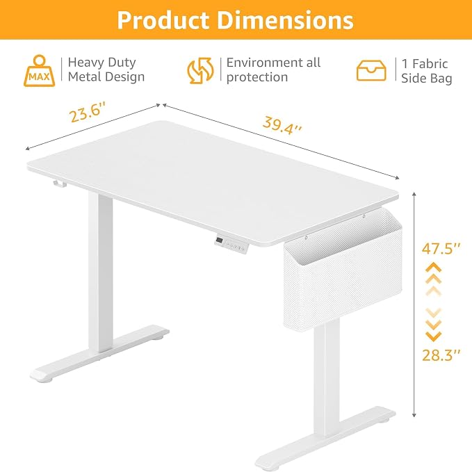 White Electric Sit To Stand Desk - 40 Inch Small Computer Desk Adjustable Height for Work Study Writing, Compact Sit Stand up Desks Table Workstation for Small Space Adult Boy Girl Home Office Bedroom - Image 3