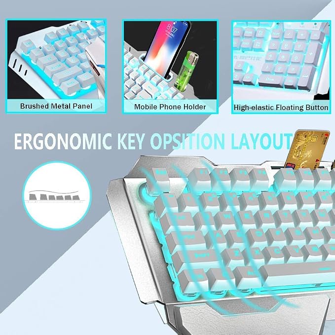 Wireless Keyboard and Mouse, Blue LED Backlit Rechargeable Keyboard with 3800mAh Battery, Metal Panel, Removable Hand Rest Mechanical Feel, 7 Color Gaming Mute Mouse for PC Gamers - Image 4
