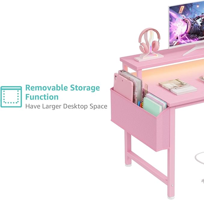 Lufeiya Girls Desk with Power Outlets and LED Lights, 40 Inch Gaming Desk Table with Charging Station, Home Office Computer Desks with Monitor, Pink - Image 7