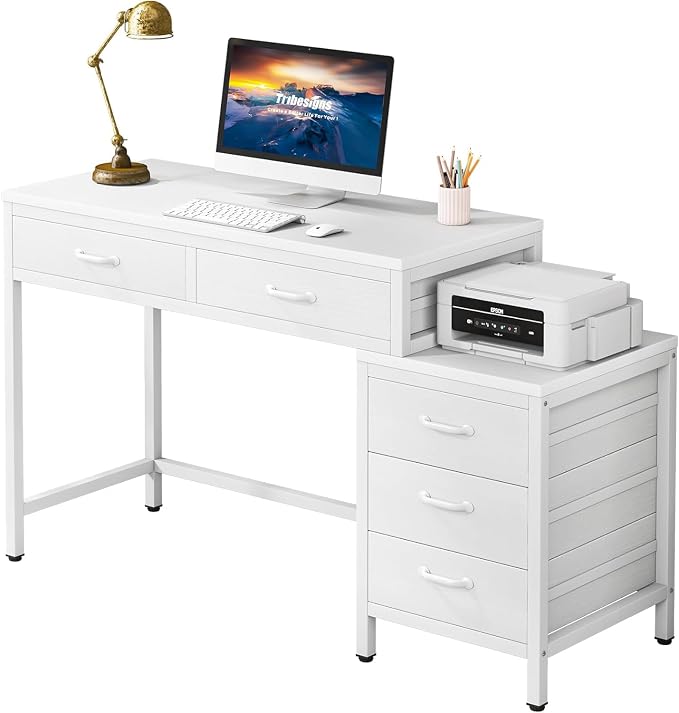 Tribesigns Computer Desk with 5 Drawers, Reversible Home Office Desks | Small Desk with Drawer Cabinet Printer Stand, PC Desk with Storage, White Study Writing Table Workstation for Small Spaces - Image 8