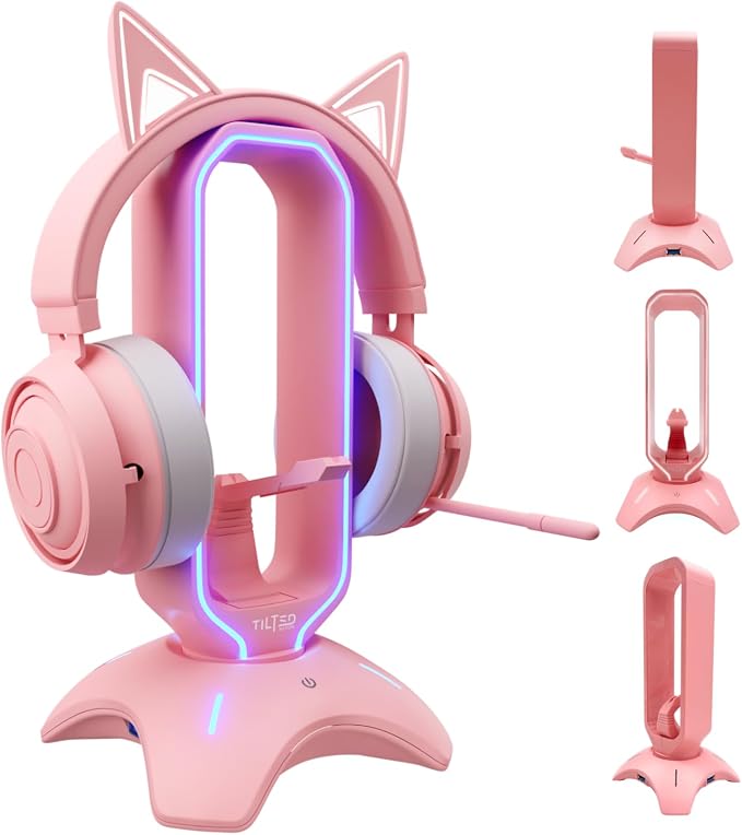 Tilted Nation Cute Headphone Stand Pink | Headset Stand with RGB, Mouse Bungee Holder, and 2 Port USB Hub Charger - Desk Gaming Accessories by TiltedNation