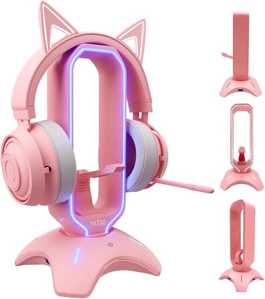 Tilted Nation Cute Headphone Stand Pink | Headset Stand with RGB, Mouse Bungee Holder, and 2 Port USB Hub Charger - Desk Gaming Accessories by TiltedNation