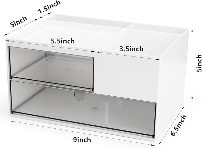 Desk Drawer Organizer, Desk Storage Box with 2 Drawers and 4 Compartments, Multifunctional Desk Accessories & Countertop Organizers for Office School Home (White） - Image 3