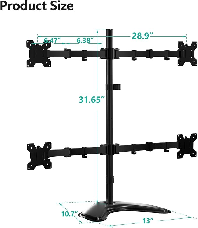 WALI 4 Monitor Stand for 13-27 inch Computer Screens up to 17.6lbs,Adjustable Quad Monitor Mount, Free Standing 4 Monitor Mount Full Motion with Tilt, Rotation, VESA Mount 75/100mm (MF004), Black - Image 4