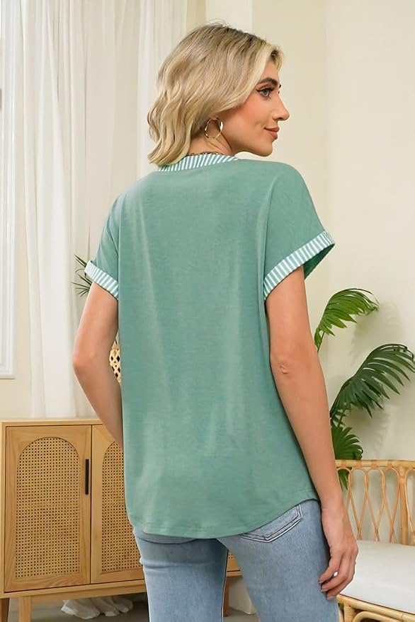 Womens Henley Summer Tops V Neck Button Dressy Casual T Shirts Blouses | Breathable, V-Neck Button, Striped, Loose Fit, Business Casual, Office, Vacation, Spring Summer Tops, Basic Shirts - Image 3