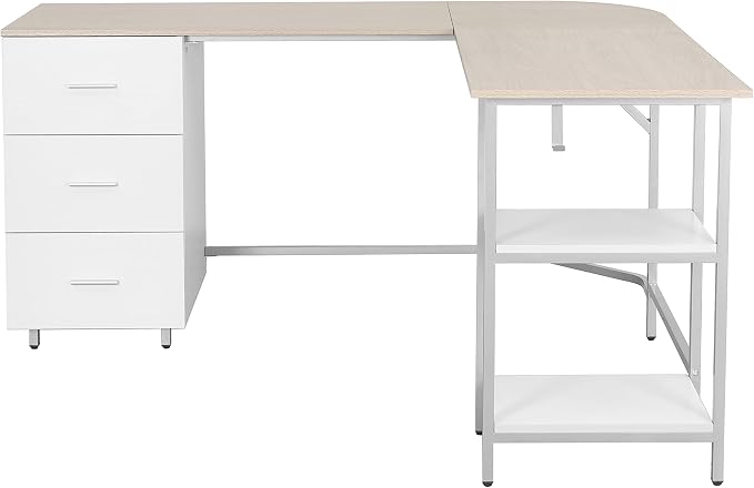 Techni Mobili 59" Two-Tone L‑Shaped Office Desk with Storage Shelves, Sand | 59" two‑tone L‑shaped desk with storage shelves, durable frame, modern corner workstation, spacious home office writing space - Image 7