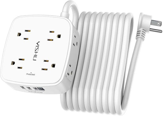 20 Ft Surge Protector Power Strip - 8 Widely Outlets with 4 USB Ports, 3 Side Outlet Extender with 20 Feet Extension Cord, Flat Plug, Wall Mount, Desk USB Charging Station, ETL, White by YISHU