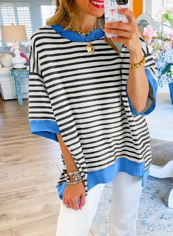 SHEWIN Womens Tops Casual Short Sleeve Sweatshirt Crewneck Striped Shirt Pullover T Shirts Loose Blouses - Image 3