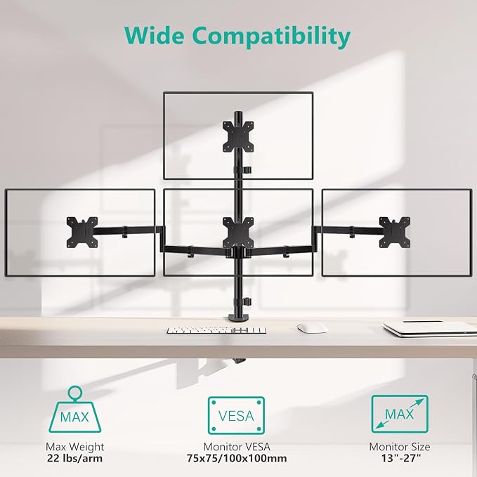 WALI Quad Monitor Mount for 13-27 Inch Screens, Fully Adjustable 4 Monitor Stand with Swivel, Tilt, Rotation, Clamp & Grommet Base Kit, Max Load 22lbs per Screen (M004S), Black - Image 2