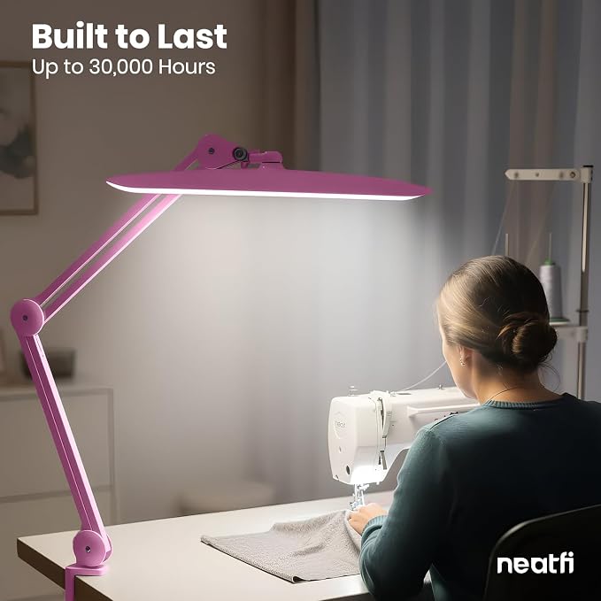 Neatfi XL 2200 Lumens 24W LED Desk Lamp – Shadow-Free Task Lighting | 4-Level Dimming | Home Office & Crafts Use | 20-Inch Wide Head (Pink, Non-CCT with Clamp) - Image 9