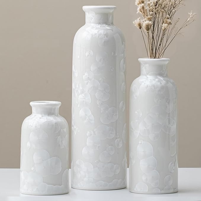 Modern Ceramic Vase Set of 3, White Crystalline Glaze Colors, Decorative Bottles for Home, Farmhouse Rustic Decor Housewarming Gifts, Wedding Gifts, Birthday Gifts for Women(Crystalline Glaze White) by TINCTOTNICVase