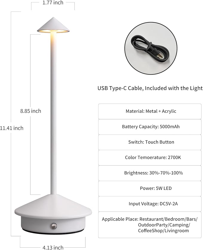 Modern Cordless Table Lamp Set of 2, White Portable LED Desk Lamps | 5000mAh, Rechargeable, Battery Operated Lighting for Bedroom, Dining Room, Restaurant, Coffee Shop, Camping, Night Light - Image 5