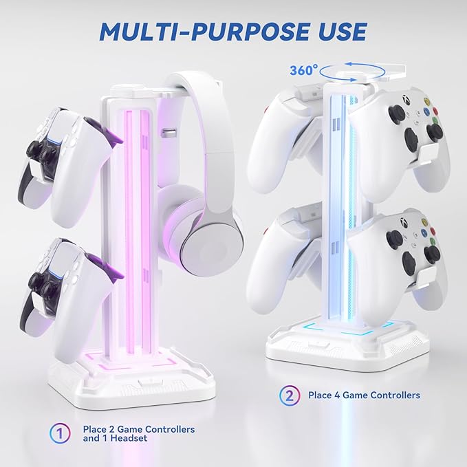 KDD RGB Headset Stand with 9 Light Modes - Controller Holder for Desk - Rotatable Headphone Stand & Detachable Controller Hook for PC Earphone Accessories(White) - Image 4